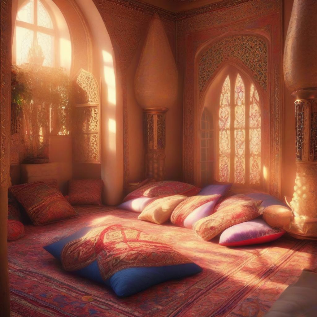  arab room, without a bed, pillows on the floor, windows, fairy tale