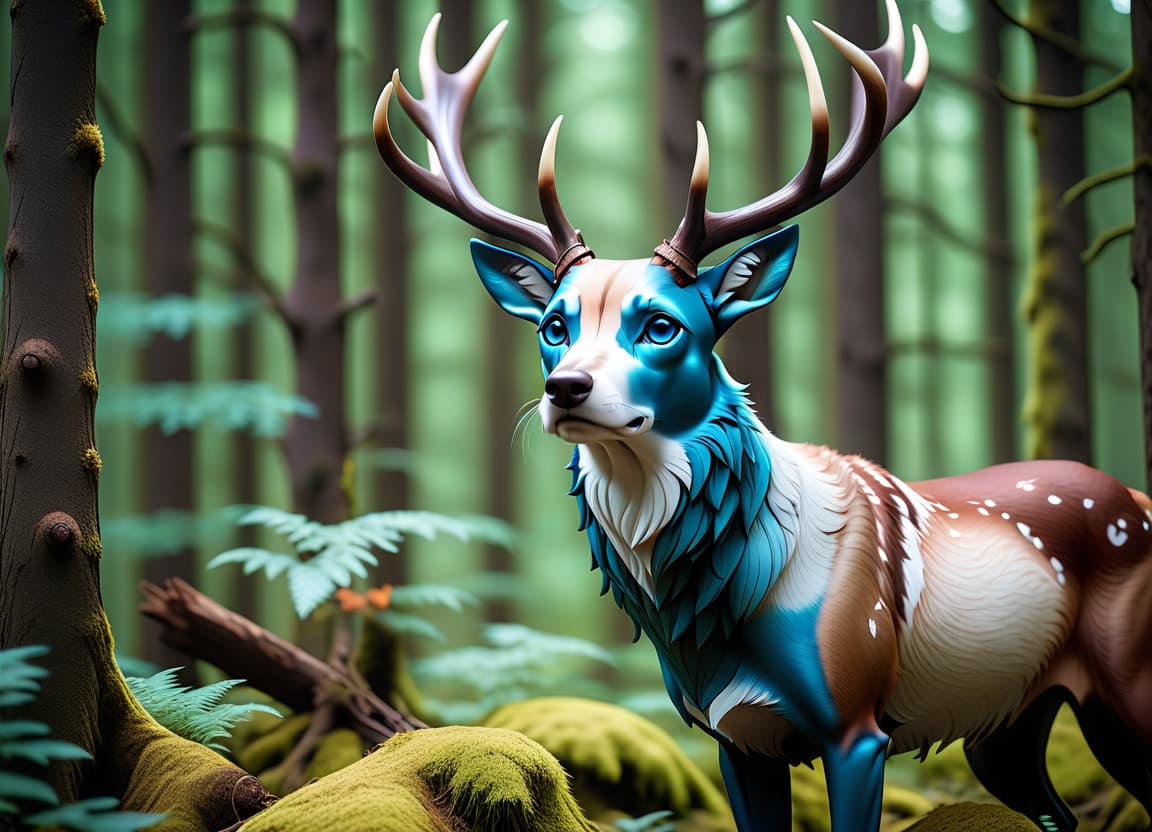  cinematic photo animal, mythical animal, dog with full stag horns, forest, dog, forest spirit animal, forest spirit, patterns, unusual color, blue eyes . 35mm photograph, film, bokeh, professional, 4k, highly detailed