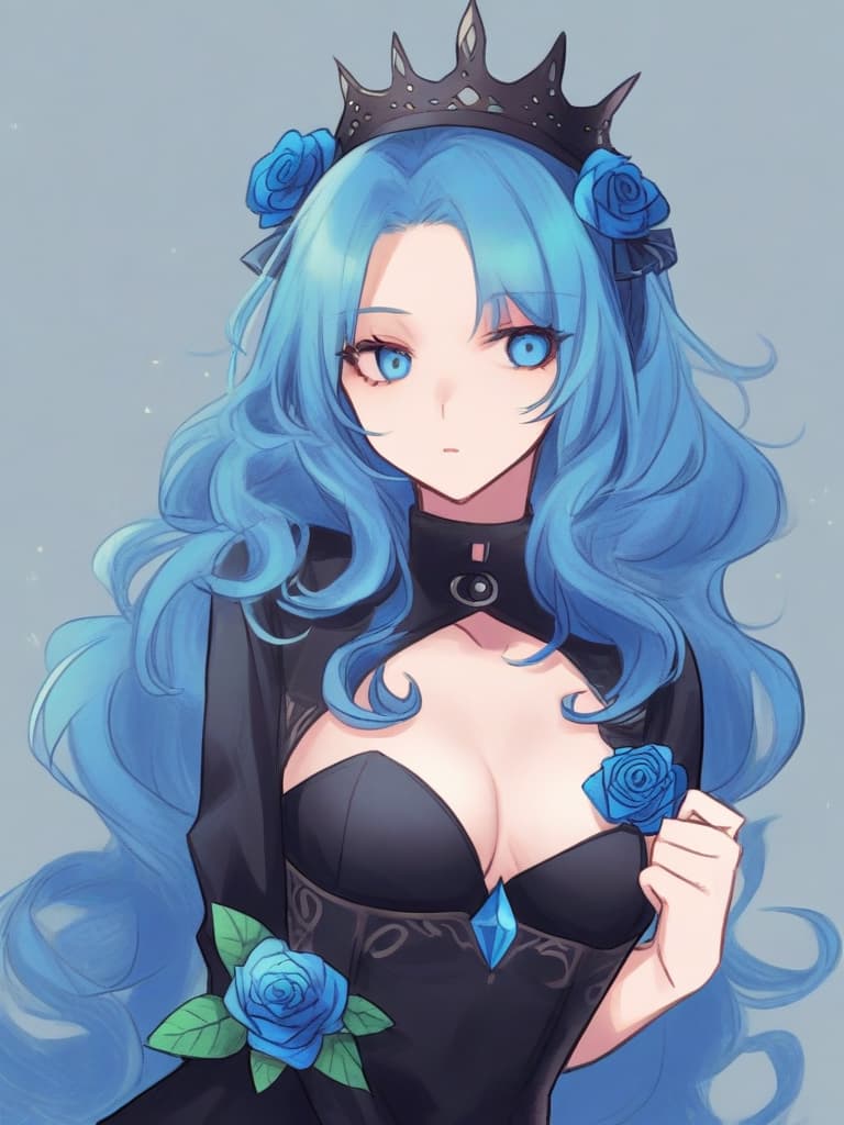  ((rose,blue rose,holding a blue rose,fantastical,long hair,blue hair,blue eyes,beautiful girl,queen,open chest,black dress,curly hair,mysterious))