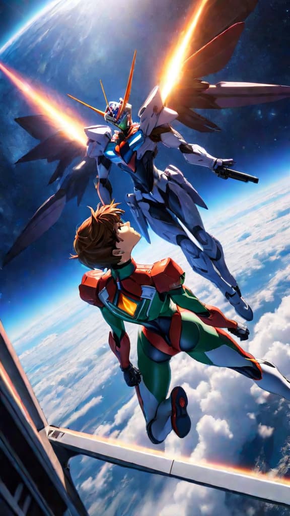  anime art of shinji ikari from neon genesis evangelion piloting evangelion unit 01 against an angel in space hyperrealistic, full body, detailed clothing, highly detailed, cinematic lighting, stunningly beautiful, intricate, sharp focus, f/1. 8, 85mm, (centered image composition), (professionally color graded), ((bright soft diffused light)), volumetric fog, trending on instagram, trending on tumblr, HDR 4K, 8K