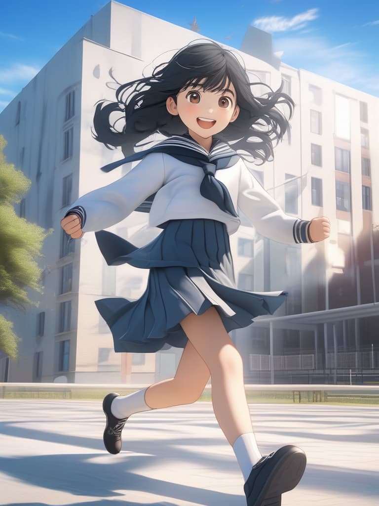  girl with black eyed black hair, black sailor suit & white scarf wear, run towards the school building, run in the schoolyard, run with a smile, masterpiece, best quality,8k,ultra detailed,high resolution,an extremely delicate and beautiful,hyper detail