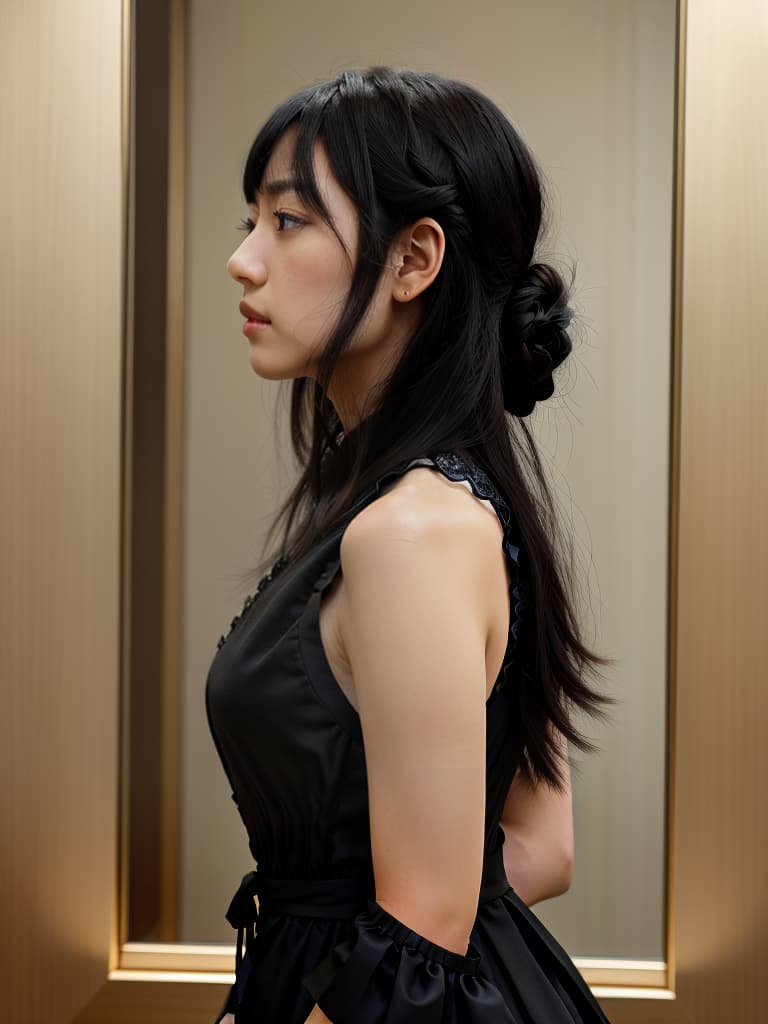  black hair, profile, japanese, dress, masterpiece, best quality,8k,ultra detailed,high resolution,an extremely delicate and beautiful,hyper detail