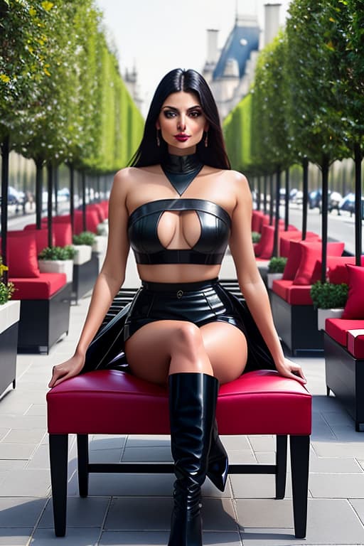  Morena Baccarin, hyper realistic photo, carmine red lips, dark makeup, transparent turtleneck top, transparent top, fuchsia skirt, leather skirt, slit skirt, medium breasts, deep cleavage, nipples, armchair, roof terrace (Champs Elysées) , front view hyperrealistic, full body, detailed clothing, highly detailed, cinematic lighting, stunningly beautiful, intricate, sharp focus, f/1. 8, 85mm, (centered image composition), (professionally color graded), ((bright soft diffused light)), volumetric fog, trending on instagram, trending on tumblr, HDR 4K, 8K