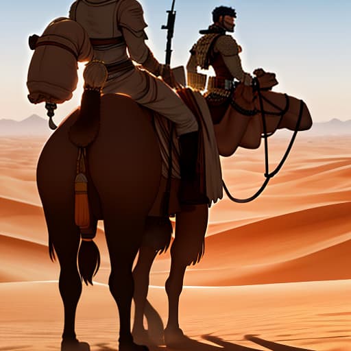  A guy in the desert with a camel. The guy has an AK 47 in his hands. And the camel has ammunition on its back hyperrealistic, full body, detailed clothing, highly detailed, cinematic lighting, stunningly beautiful, intricate, sharp focus, f/1. 8, 85mm, (centered image composition), (professionally color graded), ((bright soft diffused light)), volumetric fog, trending on instagram, trending on tumblr, HDR 4K, 8K