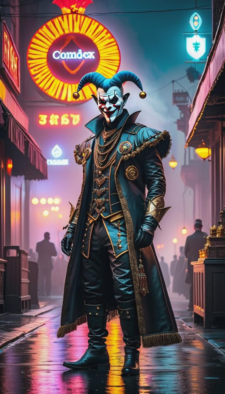  cyberpunk style depiction of a sinister jester in a dark carnival. dark, mysterious, scary, haunting, dramatic, ornate, detailed.. the scene is set in a world where technology has advanced, but society and human conditions have not, creating a gritty, dystopian atmosphere. hyperrealistic, full body, detailed clothing, highly detailed, cinematic lighting, stunningly beautiful, intricate, sharp focus, f/1. 8, 85mm, (centered image composition), (professionally color graded), ((bright soft diffused light)), volumetric fog, trending on instagram, trending on tumblr, HDR 4K, 8K