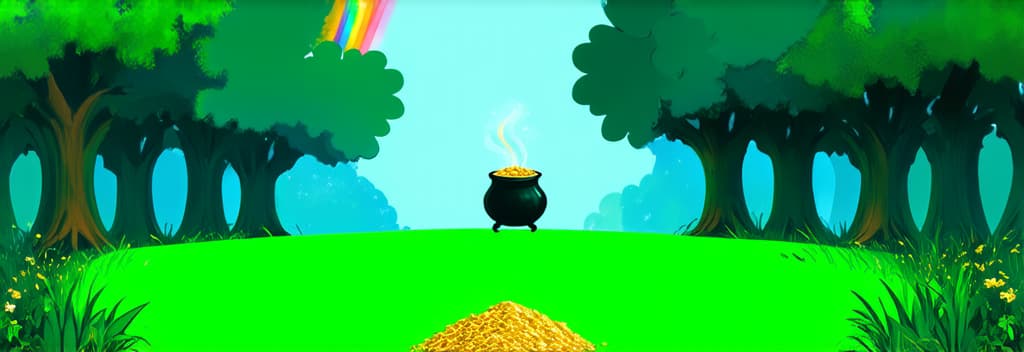  flat illustration, flaticon, (illustration:1.15), st. patrick's day banner, pot of gold on a green forest background, fairy magic, rainbow, free space for text ar 3:1, [cory loftis, strobist, pascal campion :: 0.2]