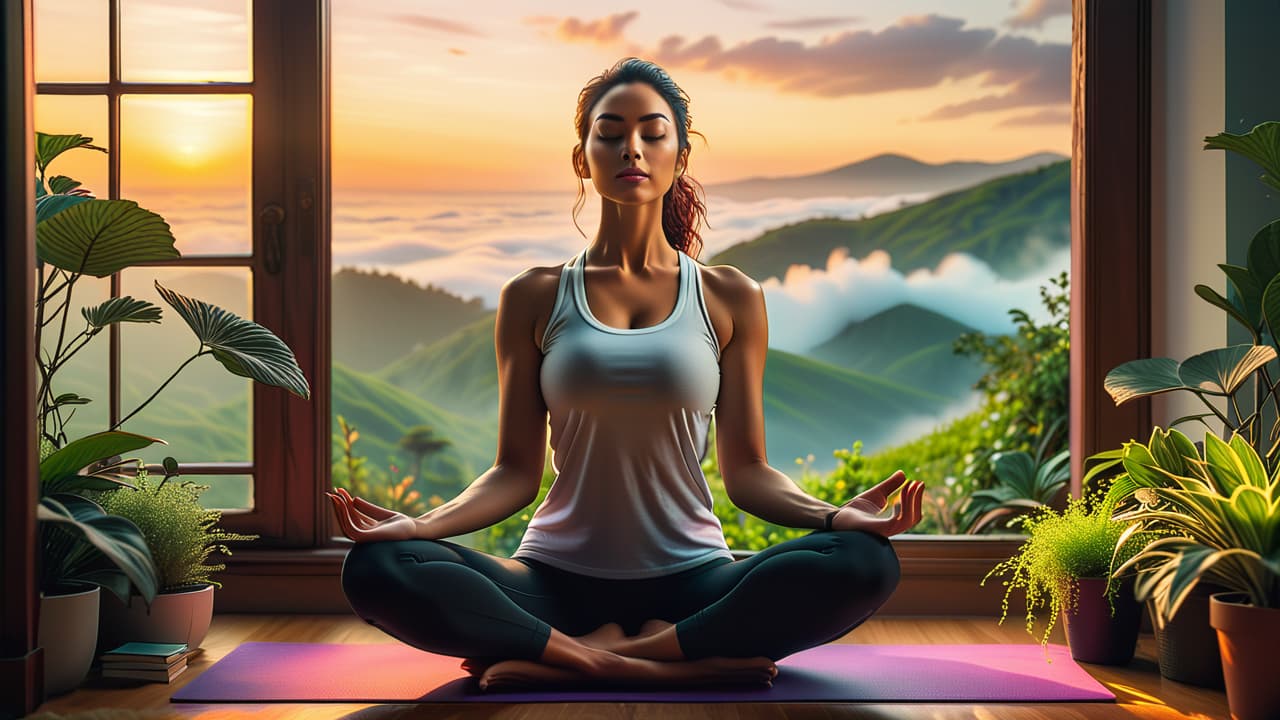  a serene sunrise illuminates a peaceful bedroom. a person stretches on a yoga mat, surrounded by plants, a journal, and a steaming cup of tea, embodying tranquility and mindfulness in their morning routine. hyperrealistic, full body, detailed clothing, highly detailed, cinematic lighting, stunningly beautiful, intricate, sharp focus, f/1. 8, 85mm, (centered image composition), (professionally color graded), ((bright soft diffused light)), volumetric fog, trending on instagram, trending on tumblr, HDR 4K, 8K