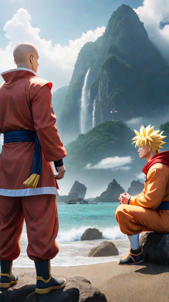  anime art of saitama facing goku, naruto, and luffy, pondering who could challenge his power. hyperrealistic, full body, detailed clothing, highly detailed, cinematic lighting, stunningly beautiful, intricate, sharp focus, f/1. 8, 85mm, (centered image composition), (professionally color graded), ((bright soft diffused light)), volumetric fog, trending on instagram, trending on tumblr, HDR 4K, 8K