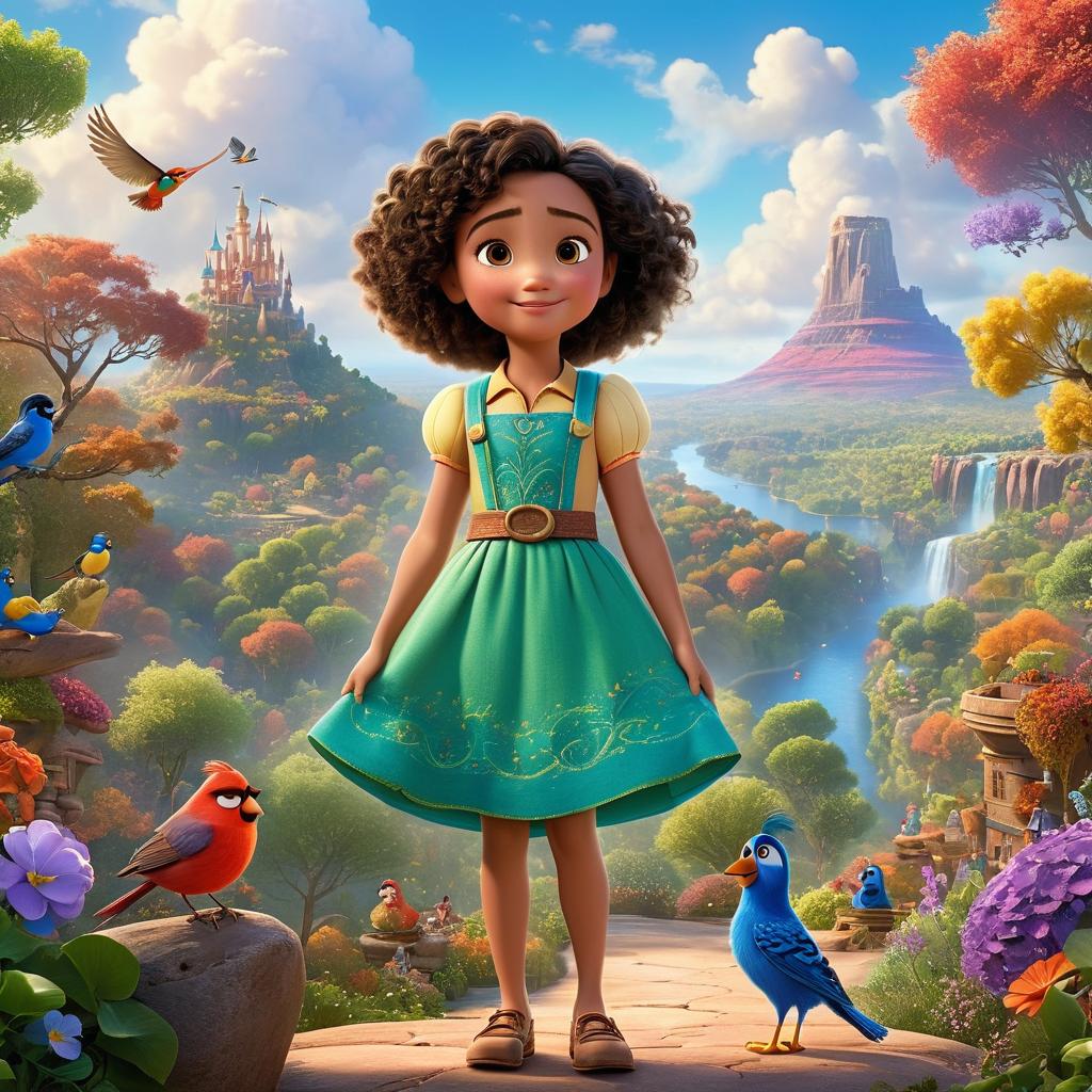  in 3d animated movie style. disney pixar style. alisha, young with a colorful dress featuring cloud patterns, exudes kindness, curiosity, and resilience. accompanied by puffy in an undefined outfit, the scene includes birds of various ages and colors, embodying chirpy, wise, and helpful traits. the setting depicts hidden valleys, sparkling lakes, and emerald trees, exuding magic and serenity. in high resolution pixar 3d animated film style, vibrant colors and lifelike textures enhance the soft, bright lighting. earthy tones dominate the landscape with vivid hues in character costumes. shot from a bird's eye view, the composition emphasizes the connection between characters and nature's grandeur.