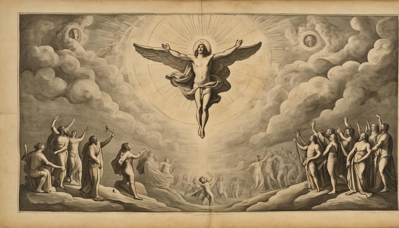  on parchment, surrealism++, a radiant figure descending from the heavens, authority being taken away from shadowy figures below, divine retribution, transition of power(mysterious, provocative, symbolic)++