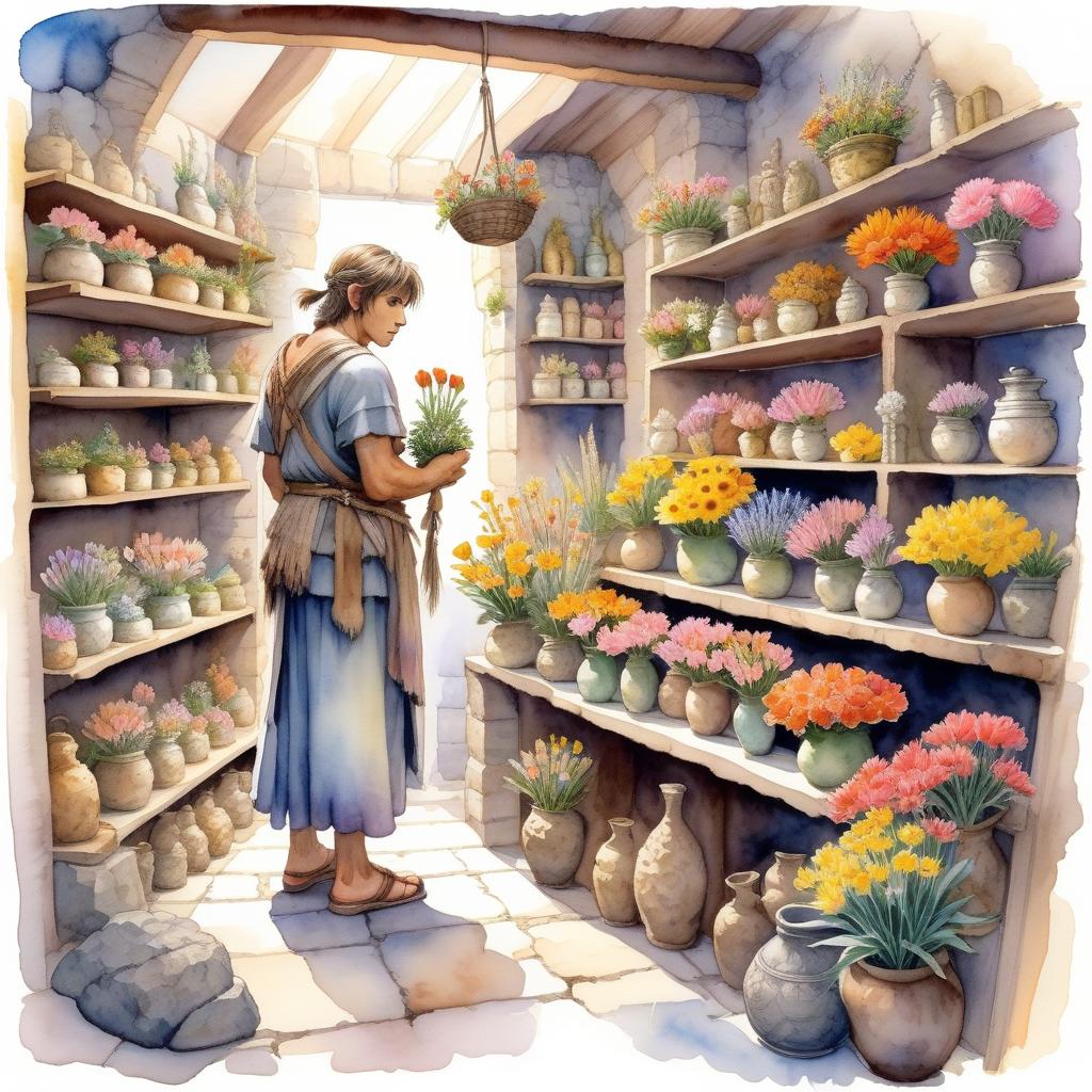  watercolour, fantasy illustration, soft colors, stone age flower shop, seller in skin clothes sells flower sculptures, against the background of shelves with different flower sculptures, traditional media, final fantasy, the warrior of light from final fantasy,