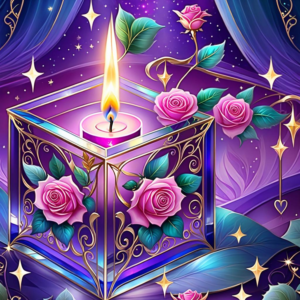  ethereal fantasy concept art of (background):colour:violet blue. (background decoration):silver frames in the shape of hearts and gold fancy stars. (centre):glass square pink candlestick and lighter decorated with fancy roses. (rose colour):pink, dark pink, with cream border. (leaf colour):dark green, green blue, light green. (style):fantasy, fantasy art design, jewellery, interior. . magnificent, celestial, ethereal, painterly, epic, majestic, magical, fantasy art, cover art, dreamy