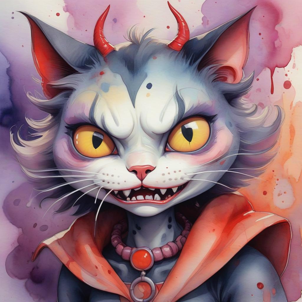  watercolor painting the character of halow kitty, in which the devils possessed and she is furious . vibrant, beautiful, painterly, detailed, textural, artistic