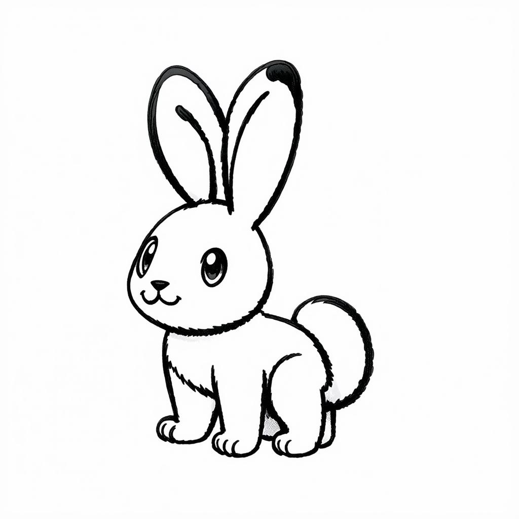  contour, very simple image in one unbroken black ink line, single line of doodle cute toy rabbit side view using a single continuous black line ink brushon white background, drawing should be created without lifting the pen, recognizable features of doodle cute toy rabbit side view in one unbroken line