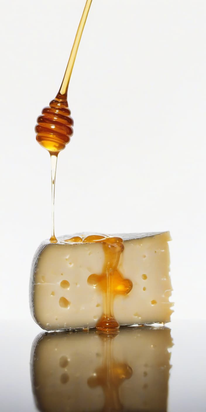  cheese watered with honey, a beautiful reflection from honey and cheese, a light background, film photography style