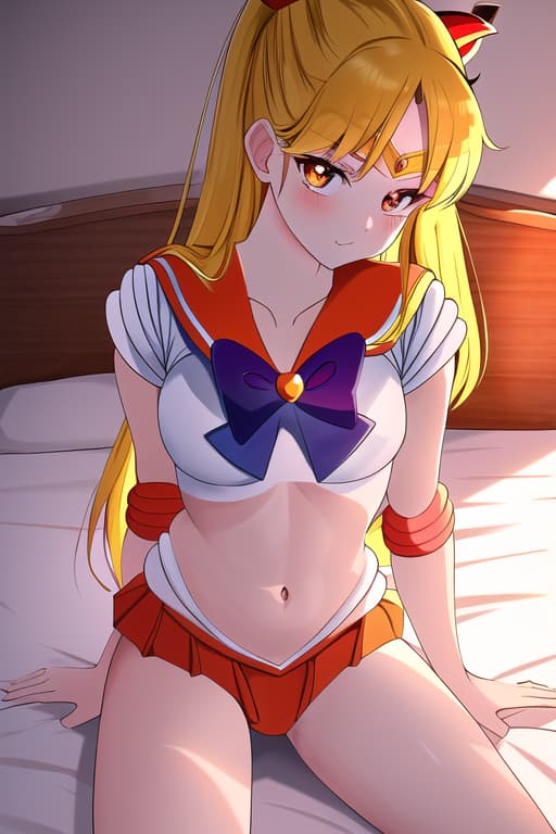  cute devil women,sitting on bed,pulling her shirt away,underwear,cute.,(sailor venus:1.3), (masterpiece), (highest quality), (intricate), (high detail),stylish women, hot, cinematic lightning, medium shot, masterpiece, best quality, high quality, solo