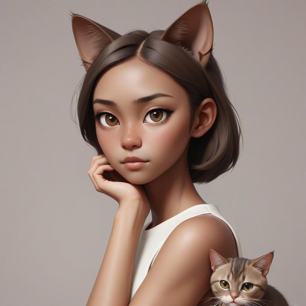  minimalist style girl with dark skin, brown hair and hazel. asian eyes. on the head of the cat's ears . simple, clean, uncluttered, modern, elegant