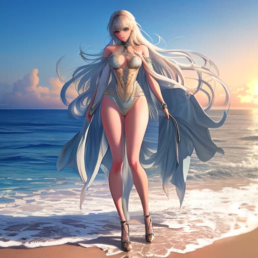  A anime on the beach. hyperrealistic, full body, detailed clothing, highly detailed, cinematic lighting, stunningly beautiful, intricate, sharp focus, f/1. 8, 85mm, (centered image composition), (professionally color graded), ((bright soft diffused light)), volumetric fog, trending on instagram, trending on tumblr, HDR 4K, 8K