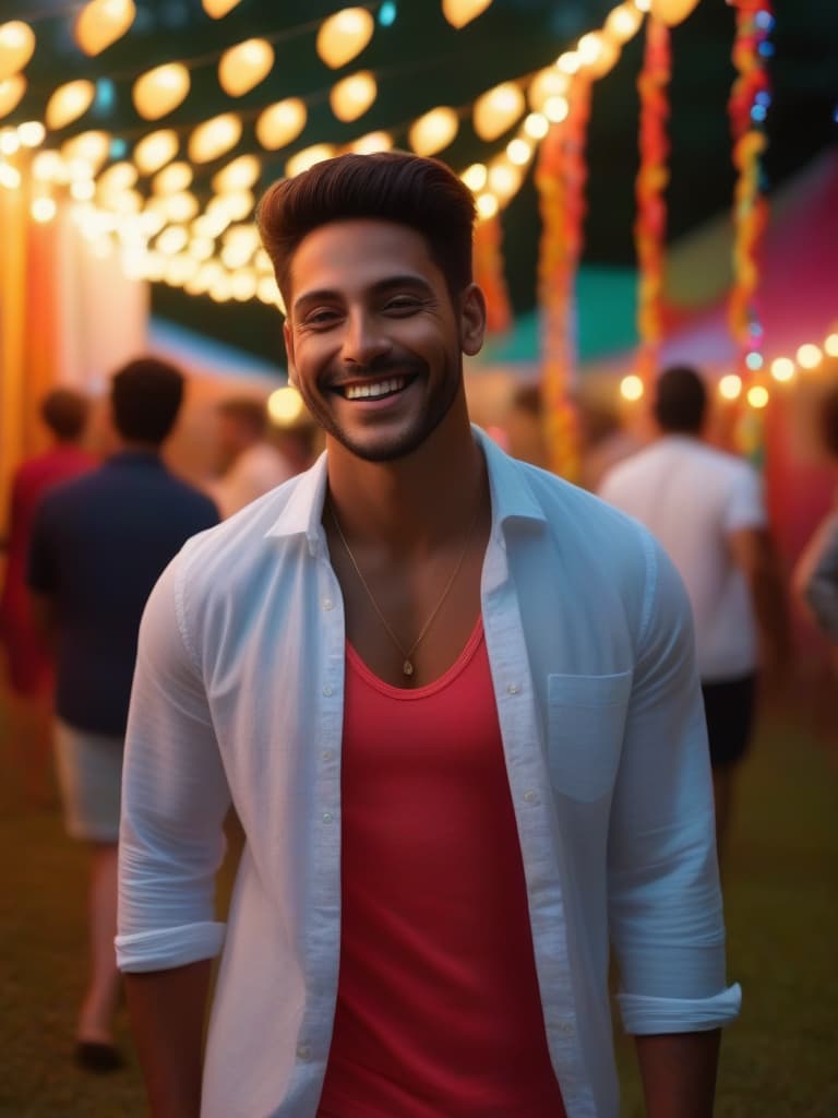  un joven (hombre)sonriente con una camisa de manga larga lisa, disfrutando de una animada fiesta al aire libre. la iluminación es nítida y brillante, resaltando su expresión alegre. en el fondo, se pueden ver a otras personas divirtiéndose, riendo y socializando, rodeados de decoraciones festivas y luces suaves. la escena está llena de colores vibrantes y un ambiente festivo, capturada en calidad fotorealista 4k, que resalta cada detalle de la felicidad del momento.