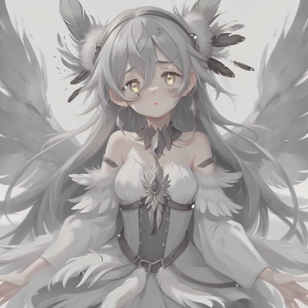  concept art a gray and grey haired girl, with feather ears, with white eyes, who is crying . digital artwork, illustrative, painterly, matte painting, highly detailed