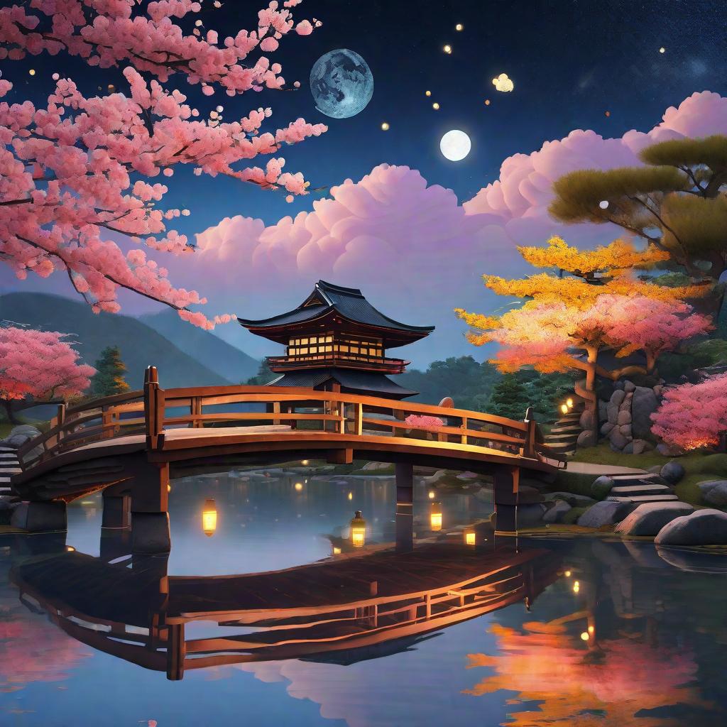  masterpiece, best quality, (Fidelity: 1.4), Best Quality, Masterpiece, Ultra High Resolution, 8k resolution, A night view inspired by Japanese art, featuring a garden illuminated by paper lanterns and a wooden bridge spanning a tranquil lake, by the lakeside, there is a small Zen temple. The water reflects the starry sky.