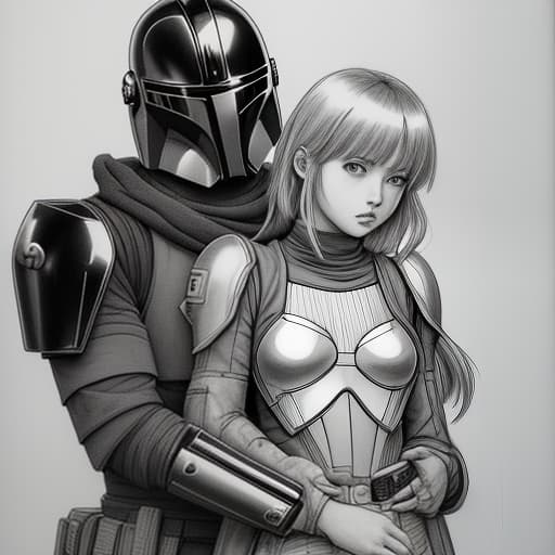  a mandalorian man and a girl stand next to him, hugging., sketch, manga sketch, pencil drawing, black and white, manga, manga style, low detail, line art, vector art, monochromatic, by katsuhiro otomo and masamune shirow and studio ghilibi and yukito kishiro