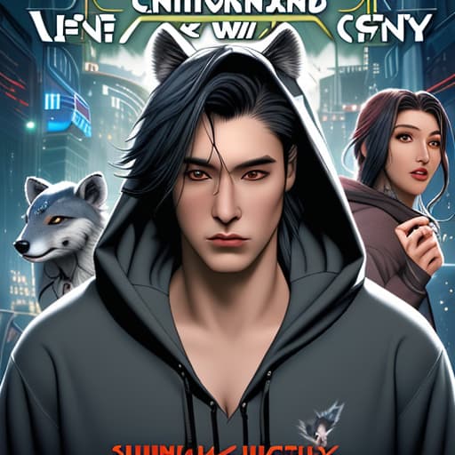  Make a movie cover with animal city: genesis of the wild The cover should focus on Jerry a young handsome man in his 30s, a wicked scientist and a good scientist, a police , two wolves male and female, a funny skunk 🦨 and young beautiful lady who is also an hunter and a scary jaguar and a fox wearing an hoodie and a hunter And also include the name of the movie Animal city : Genesis of the wild