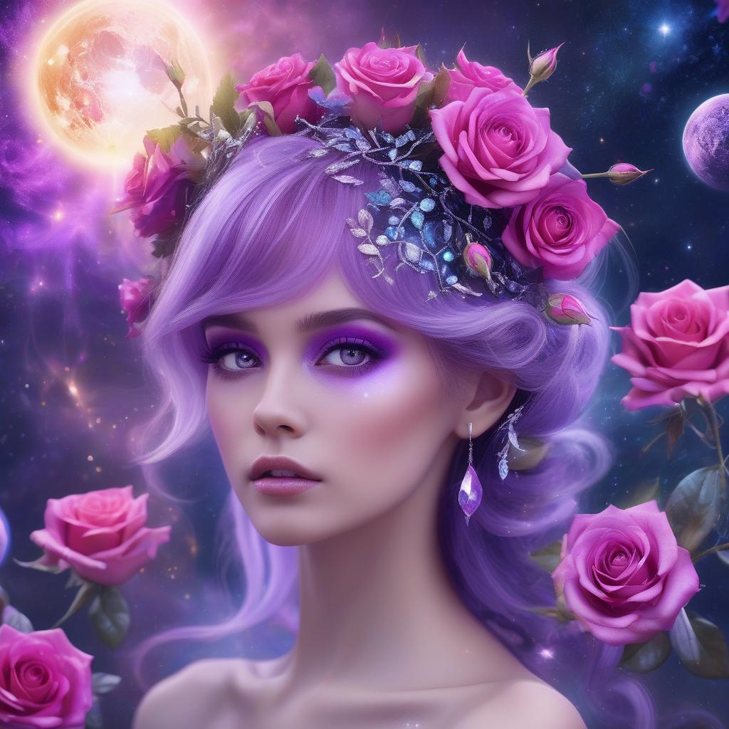  <mymodel>cosmic epic beauty with gorgeous, purple roses in hair, high res, surreal, cosmic, vibrant colors, detailed floral hairpiece, ethereal aura, celestial backdrop, majestic beauty, galaxy inspired, breathtaking lighting, dreamlike atmosphere, incredible attention to detail, cosmic fantasy, stunningly beautiful, best quality, surrealism, vibrant tones, celestial lighting