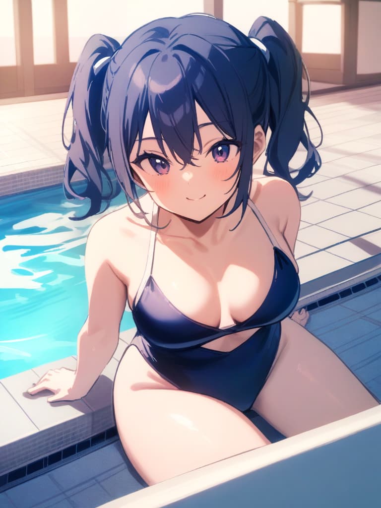  college of s, twin tails, cute smiles, dark blue, dark blue swimwear, dark blue swimwear, (double , clear swelling),, front legs, whole body, pool, pool,