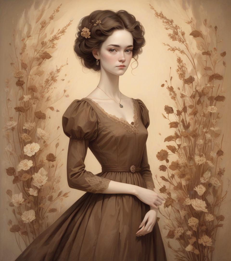  portrait, beautiful young woman wearing brown dress, dry flowers, by daniel merriam, abigail larson.