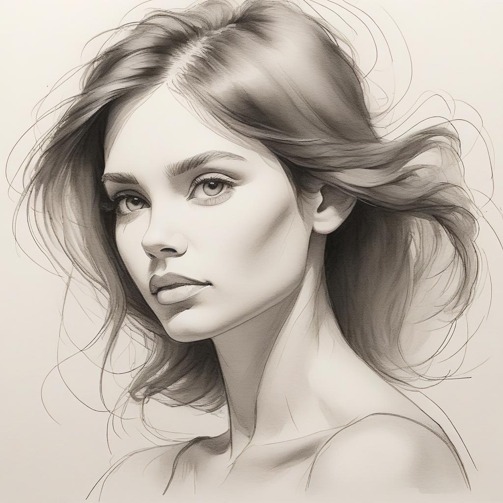  the sketch is unfinished. (sketch in thin pencil lines: 1.3). close up of a beautiful female face. contours. a strand of hair. pencil strokes. (effect of unfinished: 1.3). minimalism. harmony of simplicity. in the manner of pyotr sokolov's watercolor portraits.