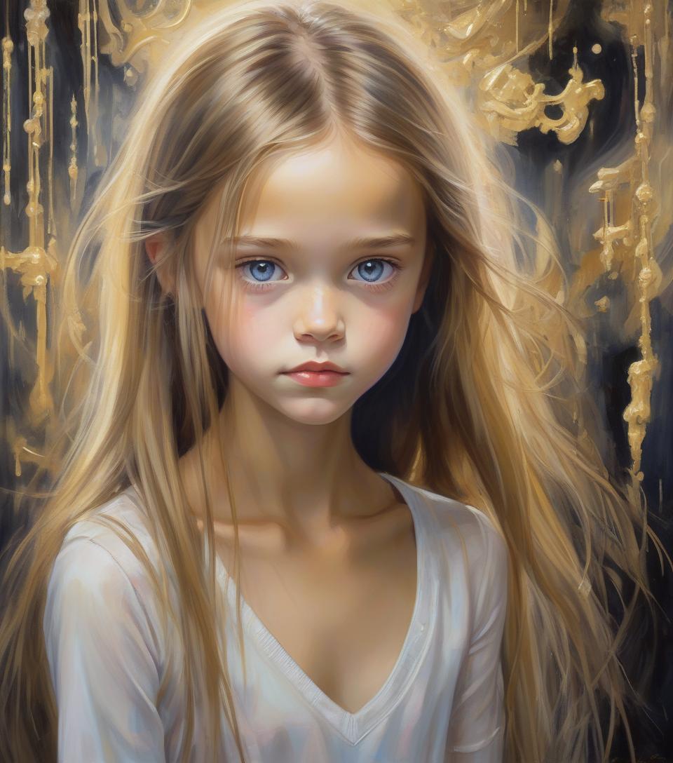  oil painting depicting kristina pimenova, very feminine, , v neck, portrait, absolute reality, long dark golden hair, pale skin, black, beautiful features, pretty face, pretty pose, clroom vivid and luminous, aya takano, royo, giger, dream atmosphere