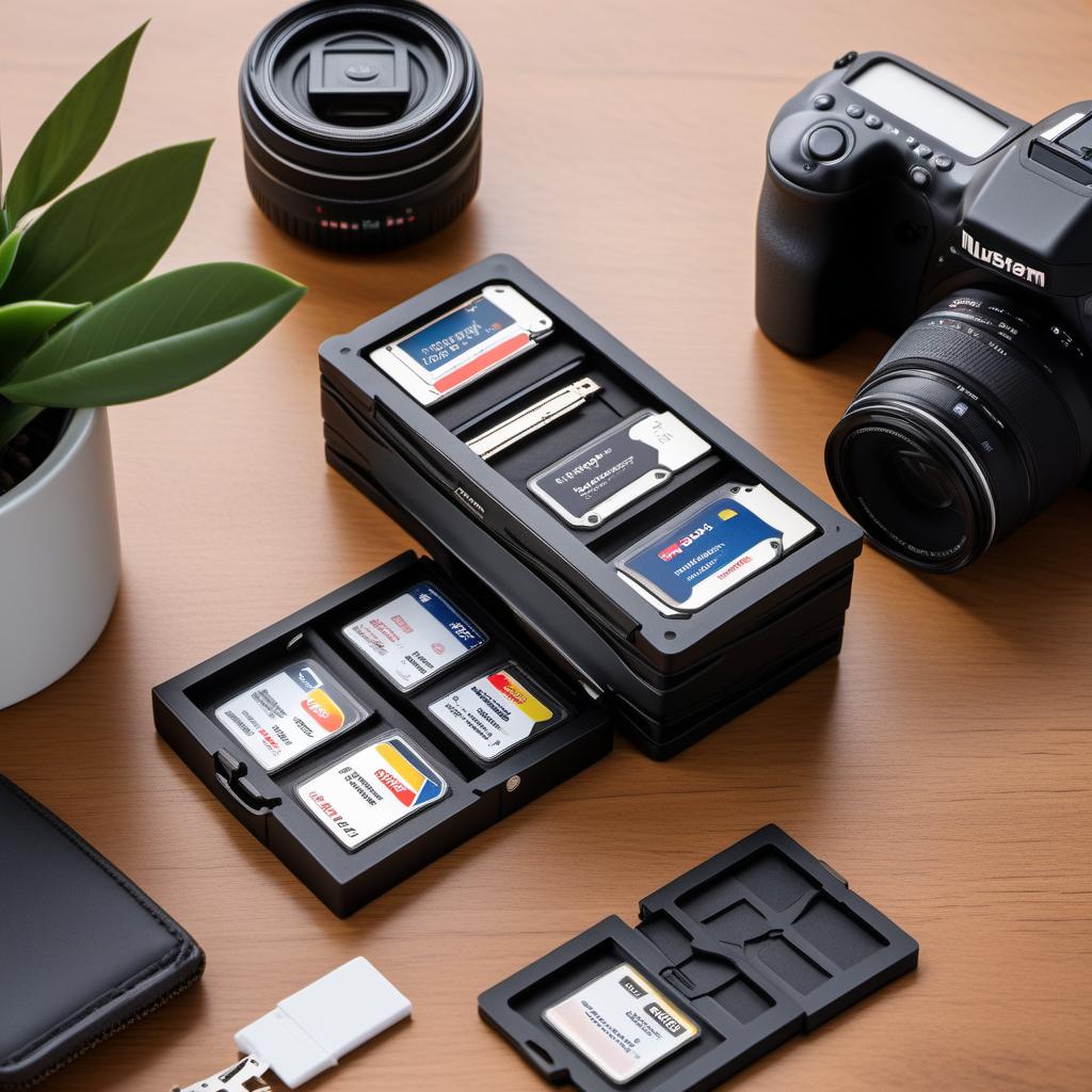  An illustration showcasing five of the best SD card holders. The holders should be displayed in a neat arrangement, each with its name and key features highlighted. The following holders should be included: 1. Kiorafoto Memory Card Carrying Case Holder - Features: Holds 12 SD and 12 micro SD cards, strong build, anti-shock, and water-resistant. 2. Think Tank Pixel Pocket Rocket Memory Card Carrier - Features: Holds 10 CF cards, durable ABS exterior, and doubles as a business card holder. 3. 8-Slot Memory Card Holder with Weatherproof TPU Plastic - Features: Holds 8 SD/SDHC/SDXC cards and 8 Micro SD/TF cards, weatherproof, and tailor-made slots. 4. NUZAMAS SD Card Holder Card Storage Box - Features: Holds 12 SD cards and 12 micro SD car hyperrealistic, full body, detailed clothing, highly detailed, cinematic lighting, stunningly beautiful, intricate, sharp focus, f/1. 8, 85mm, (centered image composition), (professionally color graded), ((bright soft diffused light)), volumetric fog, trending on instagram, trending on tumblr, HDR 4K, 8K