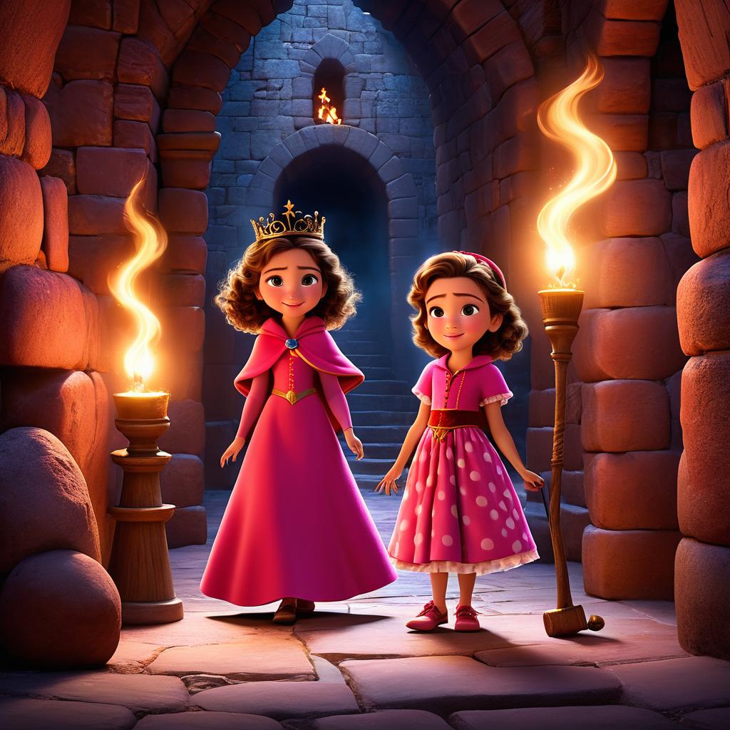  in 3d animated movie style. disney pixar style. hania, 7, darin pink dress with white polka dots, adventurous. rosie, in a frilly pink dress, with a porcelain crown. mouse king, red velvet cape. mysterious chamber, ancient stone walls, flickering torches. high res pixar 3d animation. deep reds, soft pinks, warm torchlight. low angle depicting challenge with intense atmosphere.