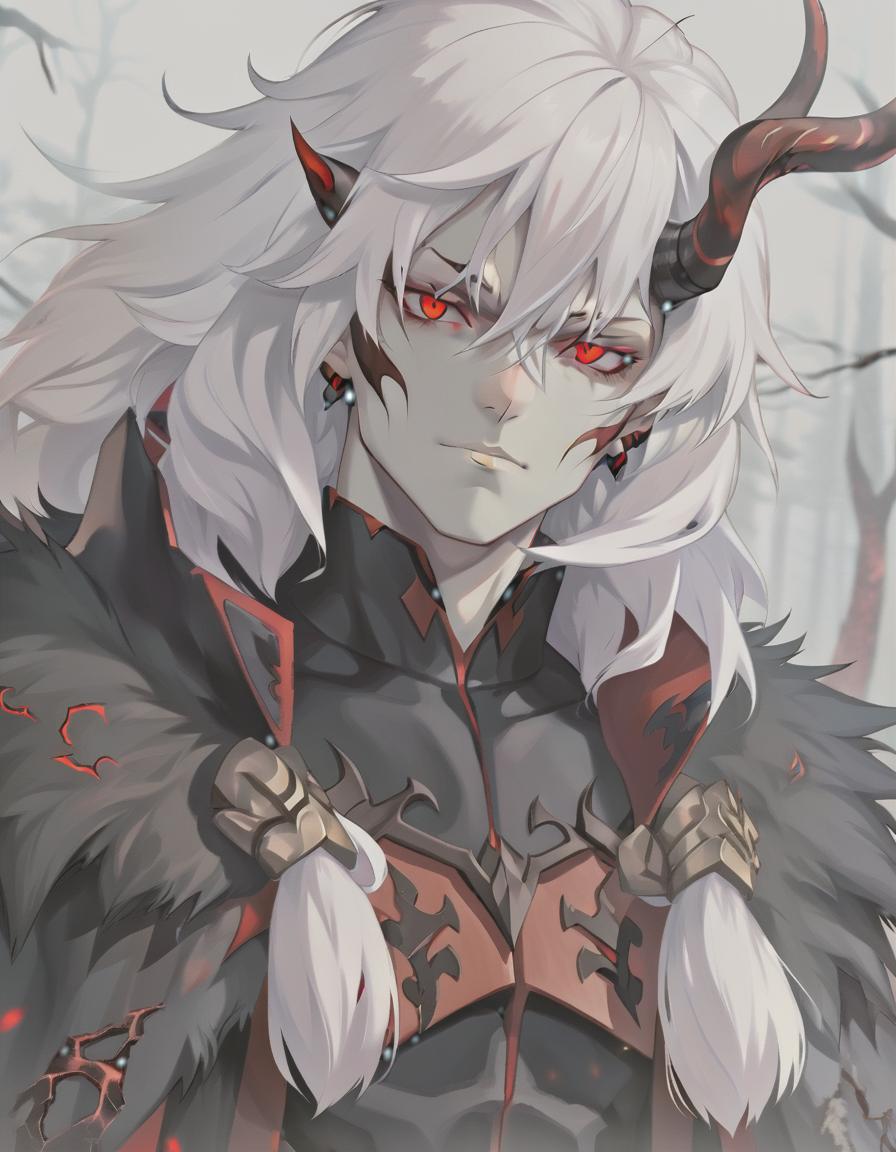  man demon, white skin. red eyes, white hair, red horns, black fur coat, dense forest in the background