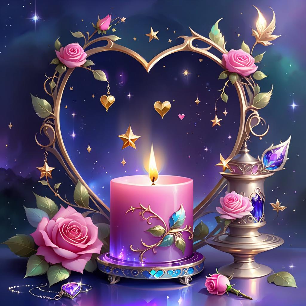  ethereal fantasy concept art of (background):colour:violet blue. (background decoration):silver frames in the shape of hearts and gold fancy stars. (centre):glass square pink candlestick and lighter decorated with fancy roses. (rose colour):pink, dark pink, with cream border. (leaf colour):dark green, green blue, light green. (style):fantasy, fantasy art design, jewellery, interior. . magnificent, celestial, ethereal, painterly, epic, majestic, magical, fantasy art, cover art, dreamy