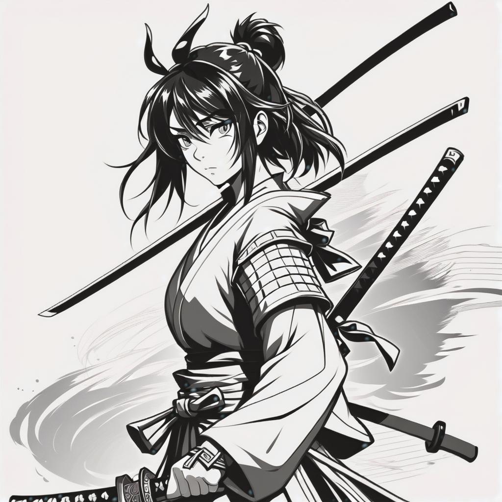  line art drawing samurai girl, same nightmare. anime style . professional, sleek, modern, minimalist, graphic, line art, vector graphics