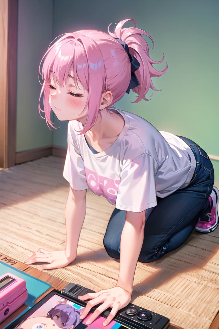  r 18, , middle , pink haired ,ponytail,large eyes,t shirts, , room,A woman, on all fours, emces her with boldness and abandon. Her expression is one of unerated bliss, eyes closed, mouth slightly open, a soft moan escaping as she leans into the sensations. Her right hand boldly explores her most areas, fingers moving with purpose, while her left hand gently squeezes and caresses her full , thumb brushing against her erect . camera from side