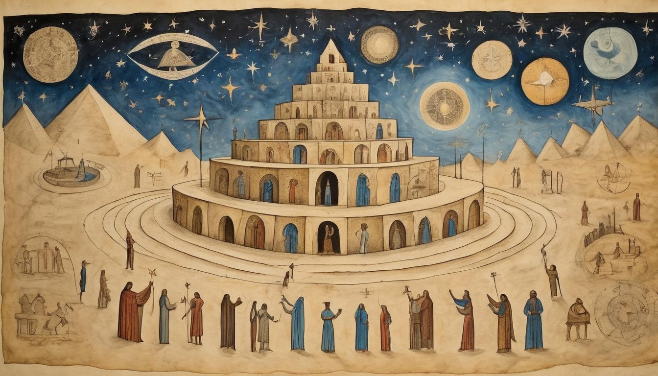  on parchment, surrealism++, people standing together, building a structure with celestial symbols, starry sky above, collaboration, future creation, unity in purpose(mysterious, provocative, symbolic)++