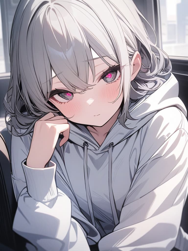  cute, subculture, gray hair, moe sleeve, odd eye, hoodie, heart in the eyes, masterpiece, best quality,8k,ultra detailed,high resolution,an extremely delicate and beautiful,hyper detail