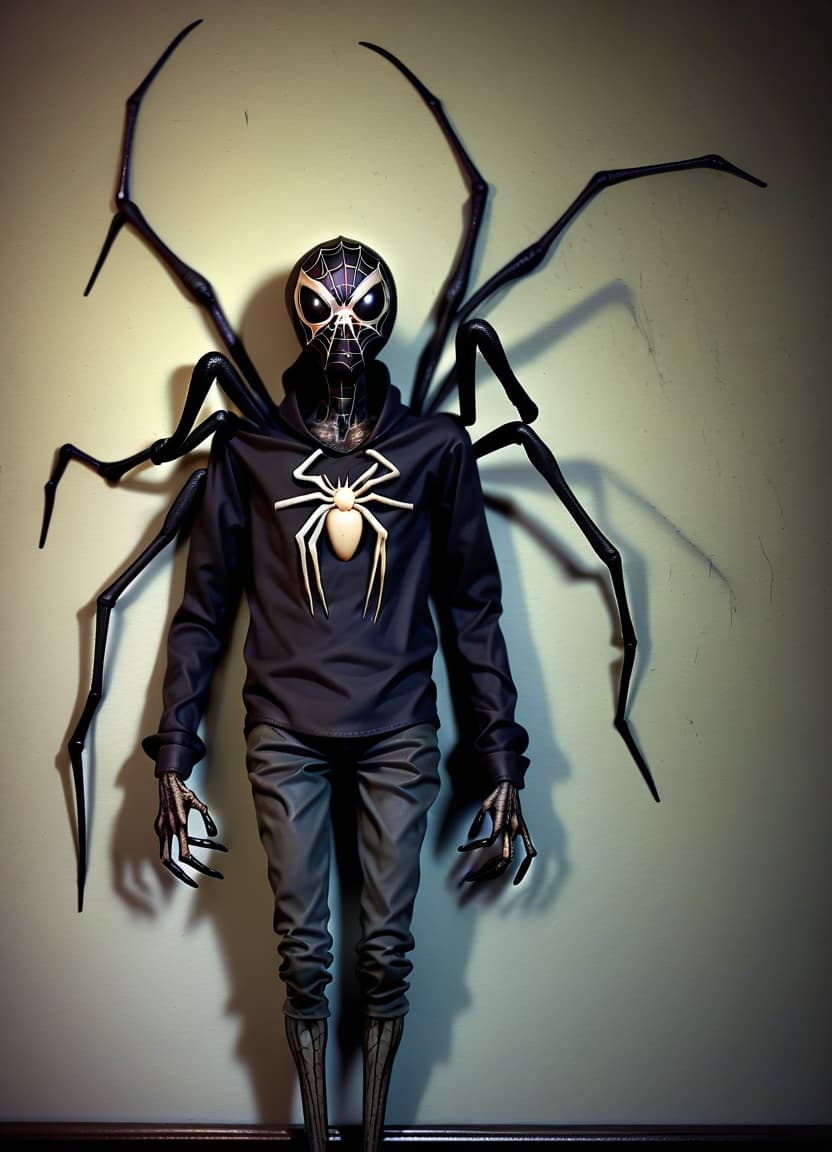  horror themed make him a spider body instead of his legs . eerie, unsettling, dark, spooky, suspenseful, grim, highly detailed