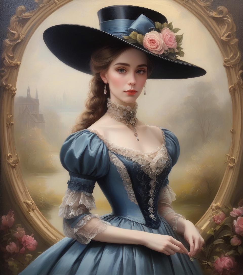  painting of a woman in a dress and hat of the victorian era, in the style of the 1850s, beautiful fantasy painting, romantic painting, fantasy style, elegant oil painting, elegant and exquisite painting, very beautiful fantasy painting, detailed 3d gothic romantic era, painting