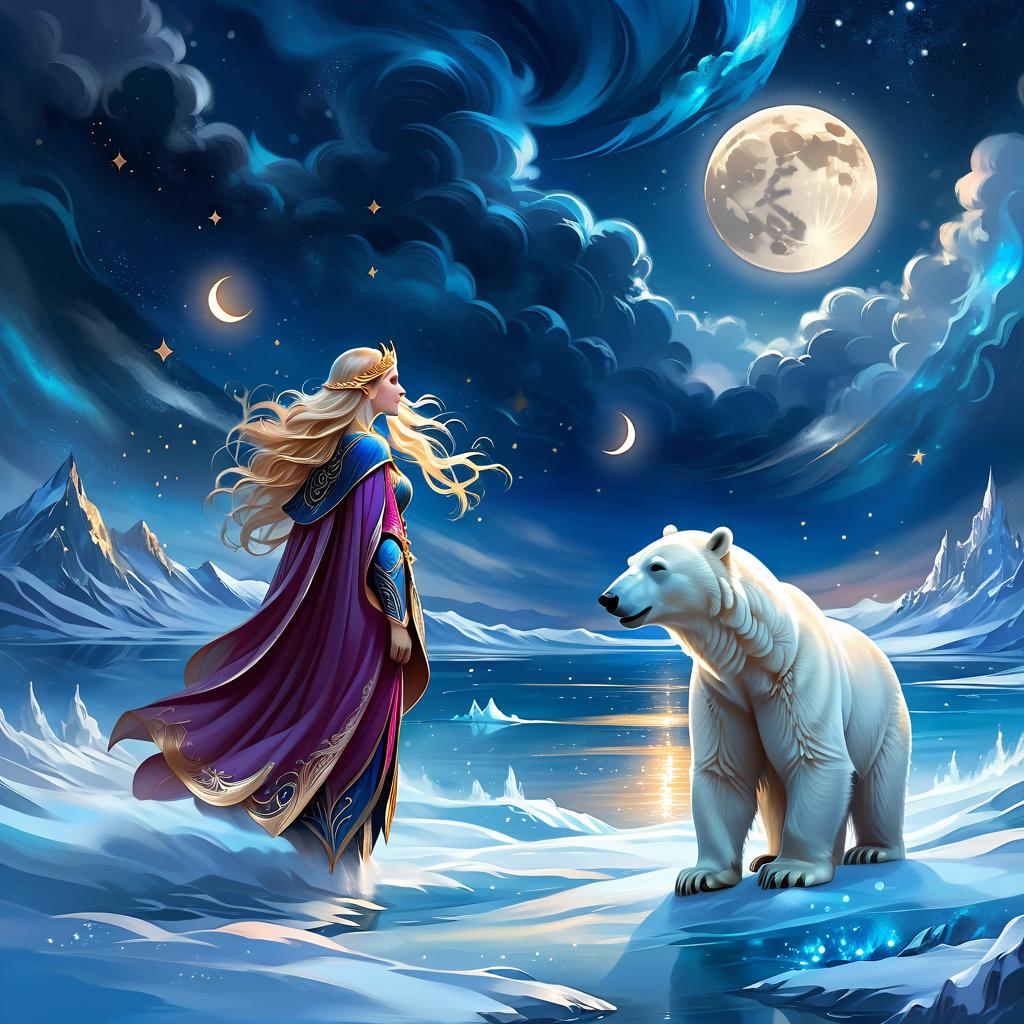  ethereal fantasy concept art of your neighbours are asleep the polar bears, sleep fast, too, little one. the clouds are breaking and the moon like a fish # and the moon like a fish and above it, glittering, like a pack of ice (style):fantasy, fairy tale, dream, magic, clouds, softness, polar lights, (colours):white, soft blue, dark blue, golden, rose gold, bluish silver. . magnificent, celestial, ethereal, painterly, epic, majestic, magical, fantasy art, cover art, dreamy