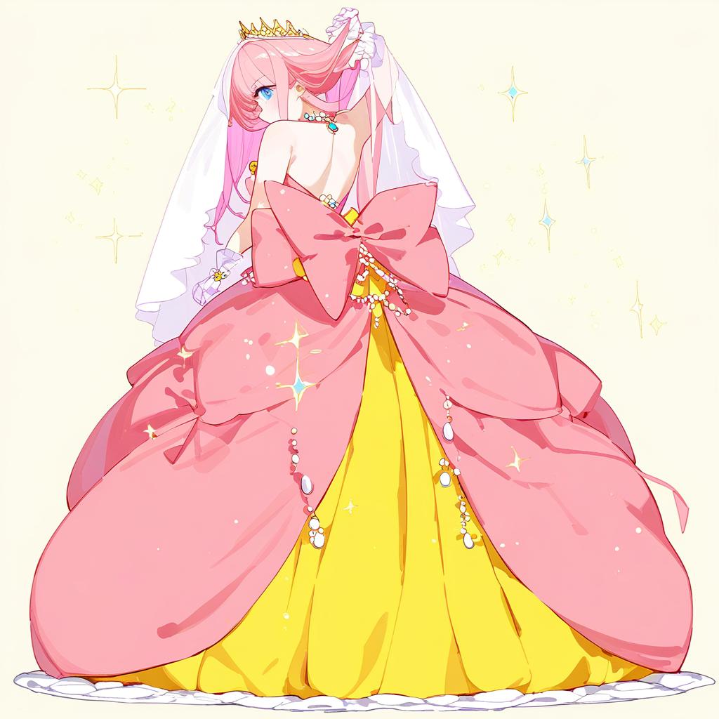  yellow, pink and blue big poofy princess dress, ball gown, frills, ruffles, bows, idol dress, magical style, long white opera gloves, long yellow opera gloves, giant s, sparkly tiara, fancy necklace, long floor length veil covering her hair and back, shining intense blue eyes, very long ankle length bright pink hair with long bangs . best quality, high resolution