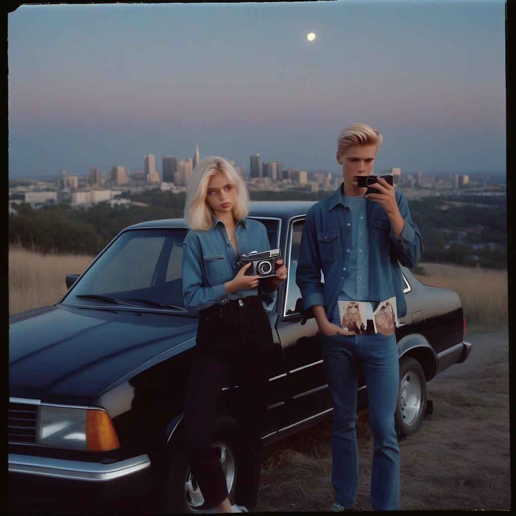  analog film photo a platinum blonde girl takes pictures on a polaroid in a black shirt and stands next to a blonde guy in a denim shirt, standing by a black car, a view from a hill, in the background the city, the time of dusk, a full light moon, the style of the 80 90s. . faded film, desaturated, 35mm photo, grainy, vignette, vintage, kodachrome, lomography, stained, highly detailed, found footage