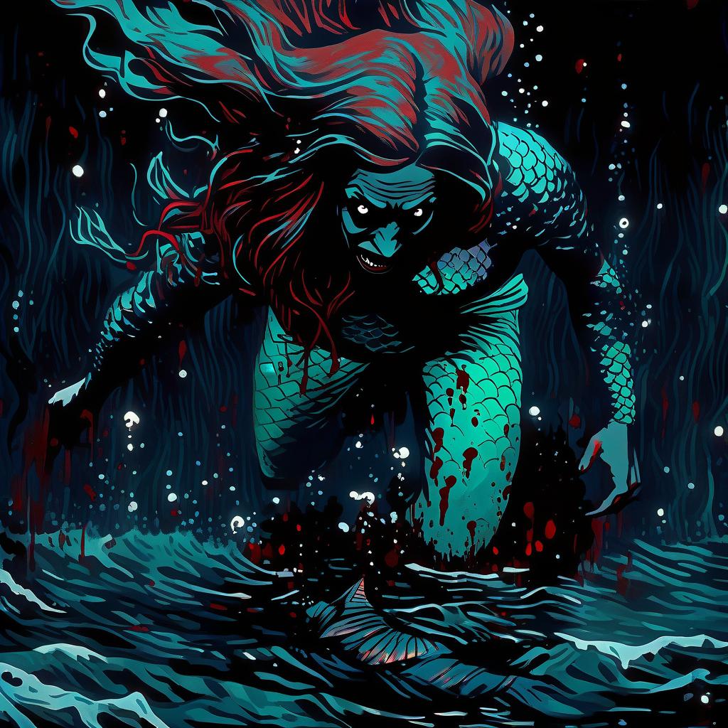  horror, art, creepy mermaid girl grabs the leg of a man and pulls to the bottom under dark water, he breaks out and he is afraid and he begins to vomit blood