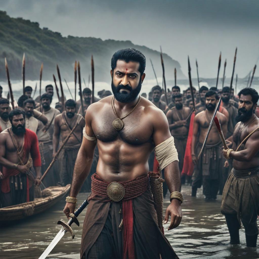  jr ntr as person of coastal region who belongs to fisherman community with d shaped sword and dead people with full of blood , ((realistic)) hyperrealistic, full body, detailed clothing, highly detailed, cinematic lighting, stunningly beautiful, intricate, sharp focus, f/1. 8, 85mm, (centered image composition), (professionally color graded), ((bright soft diffused light)), volumetric fog, trending on instagram, trending on tumblr, HDR 4K, 8K