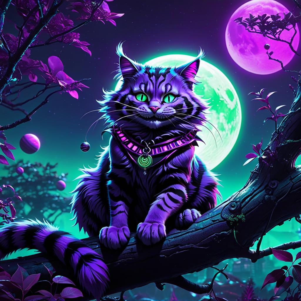  neonpunk style the cheshire cat smiles broadly and sits on a branch, purple black purple green colors, space, moon and planets in the background . cyberpunk, vaporwave, neon, vibes, vibrant, stunningly beautiful, crisp, detailed, sleek, ultramodern, magenta highlights, dark purple shadows, high contrast, cinematic, ultra detailed, intricate, professional