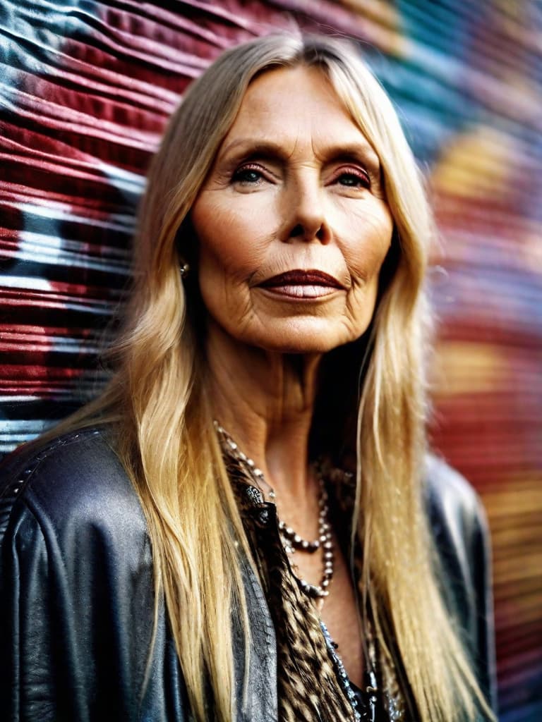  A younger Country singer Joni Mitchell, medium shot, upper body, spotlight, long exposure lighting, street art style spray paint, glamour lighting