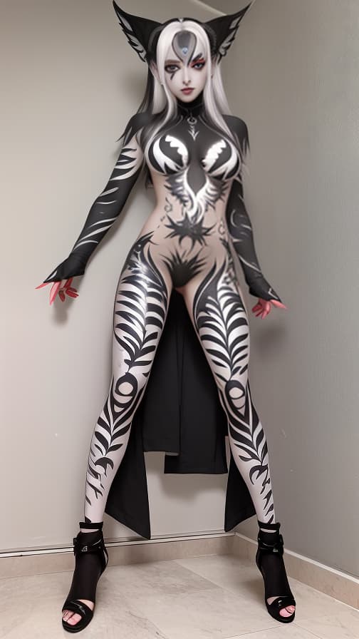  Black and Grey flame pattern body paint in every corner of the whole body,Grey body paint full body, White flame pattern face paint on the face, two dark elf, full body image 女性